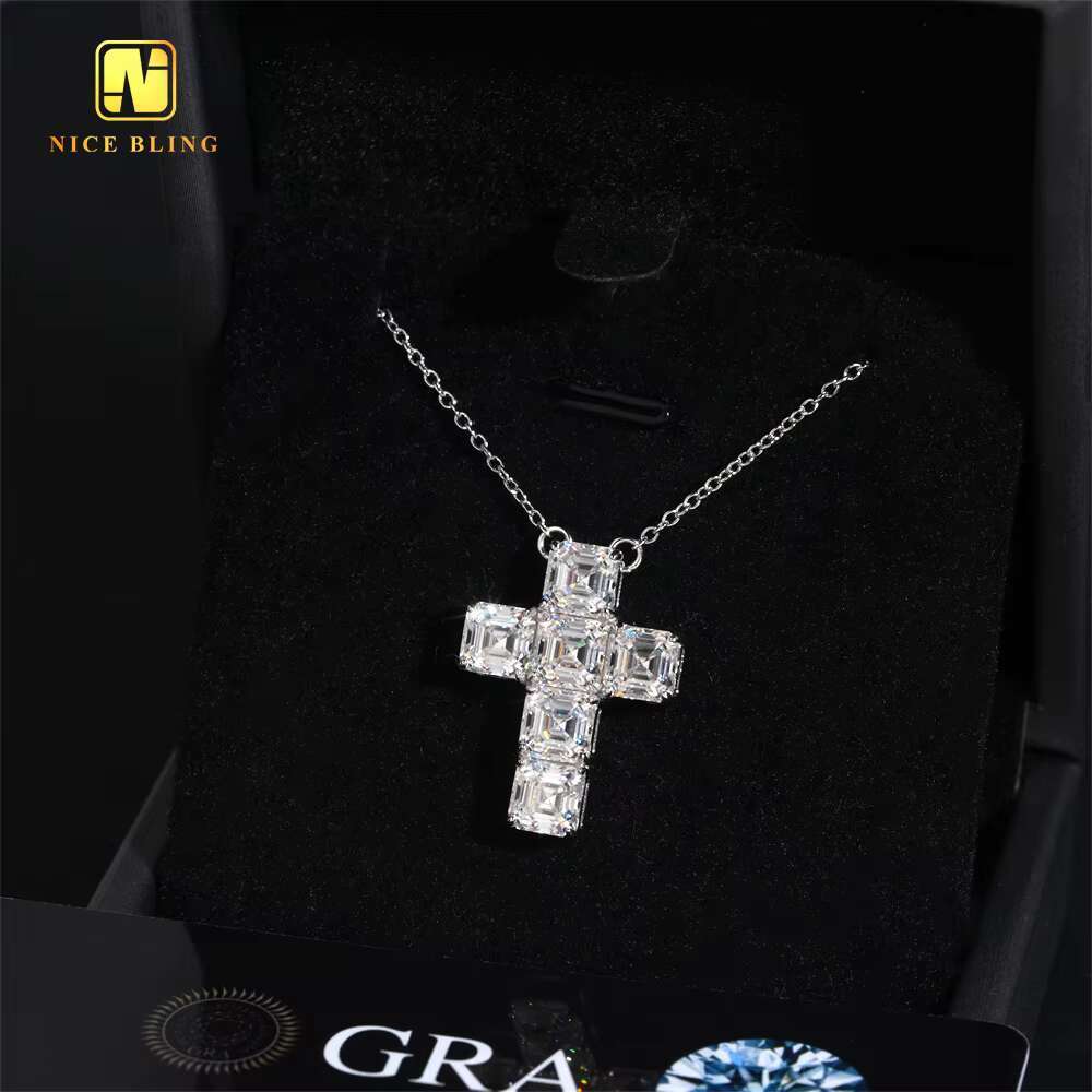 Classic Asscher Cut Women Link Chain Iced Out 925 Sterling Silver VVS Moissanite Diamond Women Jewelry Cross Pendant Necklace