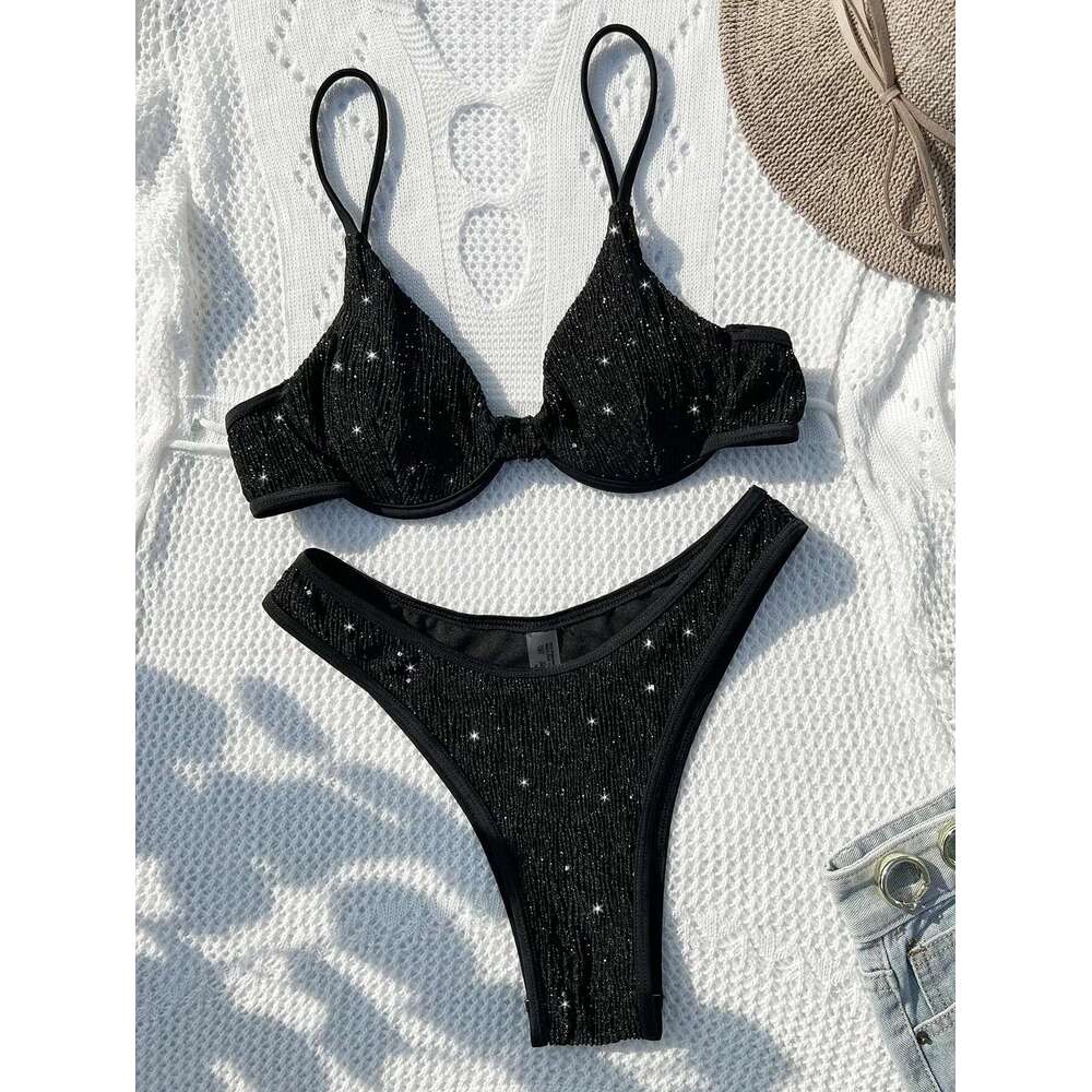 Swimsuit Women 2024 Black Shiny Bikini Sexy High Waist 2 Piece Swimwear Steel Support Female V-neck Beach Bathing Suit YX1378X