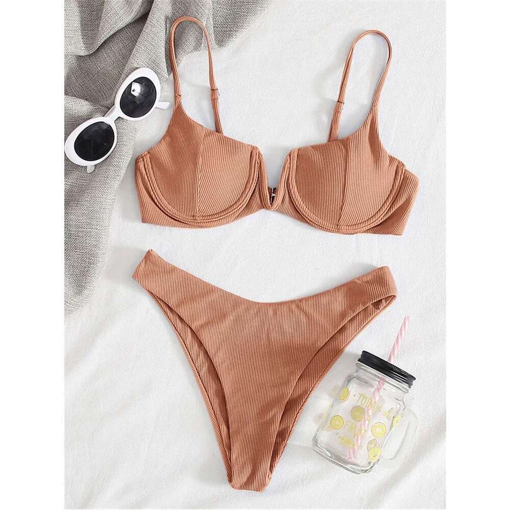2024 Sexy Ribbed Underwired Swimsuit Women Solid Color V-neck Push Up Padded 2-piece Bikini High Cut Bathing Suit Beach Swimwear