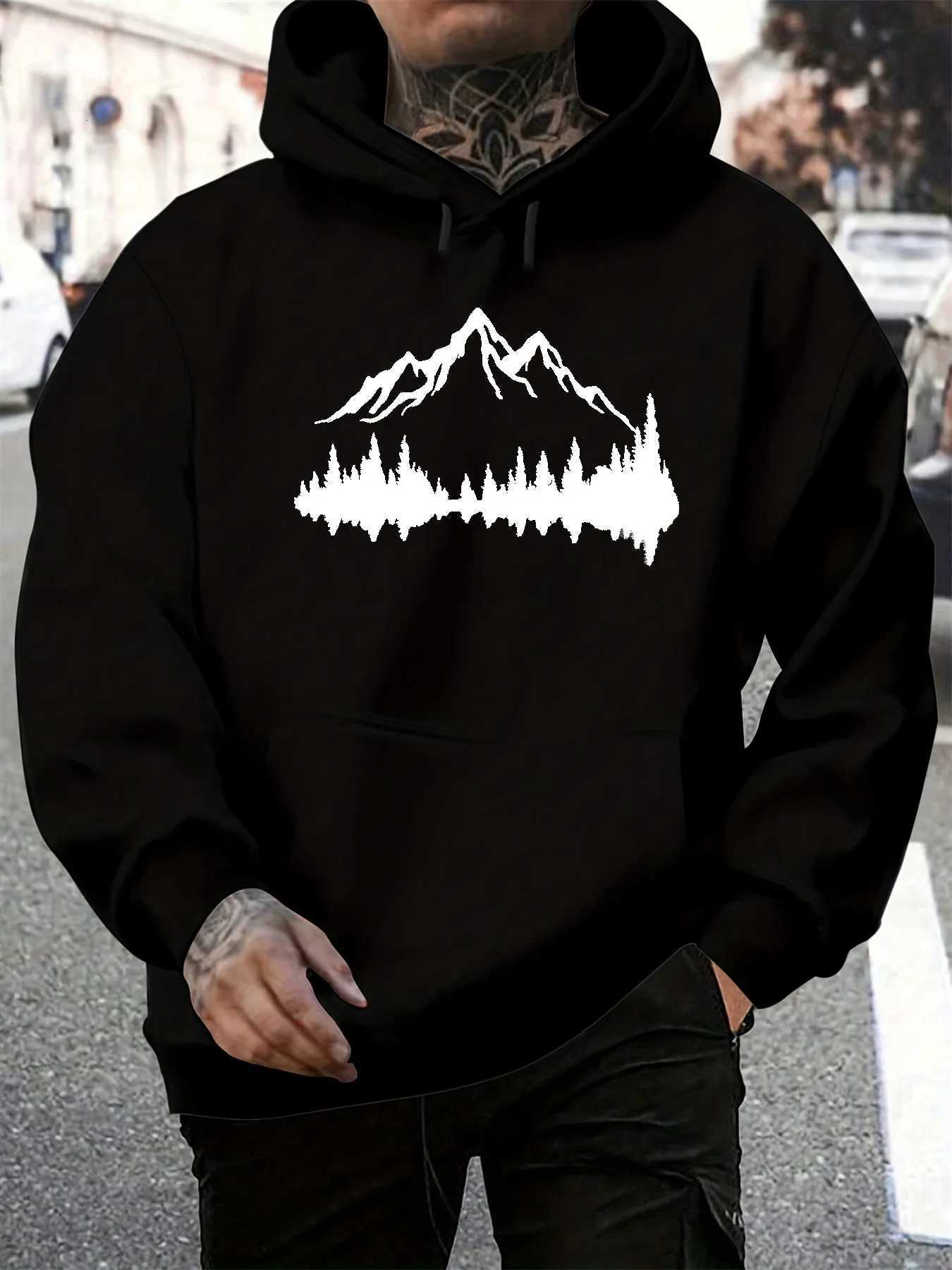 Mens autumn and winter casual fashionable loose hooded sweatshirt with mountain pattern printed long sleeved warm pullover W251106