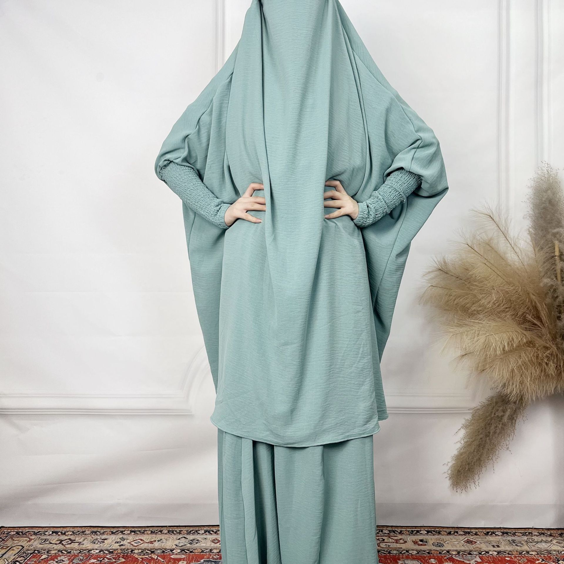 Solid Colored Long Robe With Ice Silk Wrinkled Lantern Sleeves, Loose And Comfortable Two-Piece Women's Skirt Set Abaya Maxi Dresses Islamic Clot