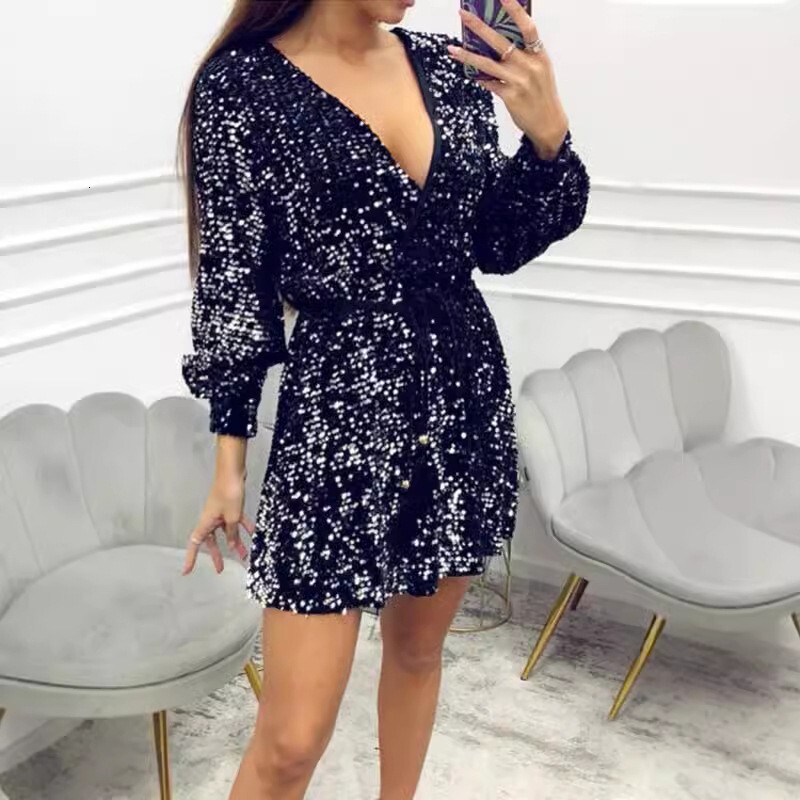 2025 Summer Womens Dress V-neck Fashion Glitter Waist Strap Bareback Short Skirt