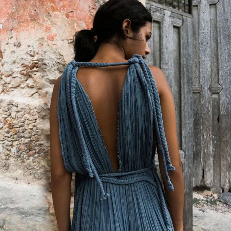 Para Praia Hollow Out Knitted Long 2024 Dress Drawstring Swimwear Cover Ups Sexy Beach Outfits For Women Beachwear