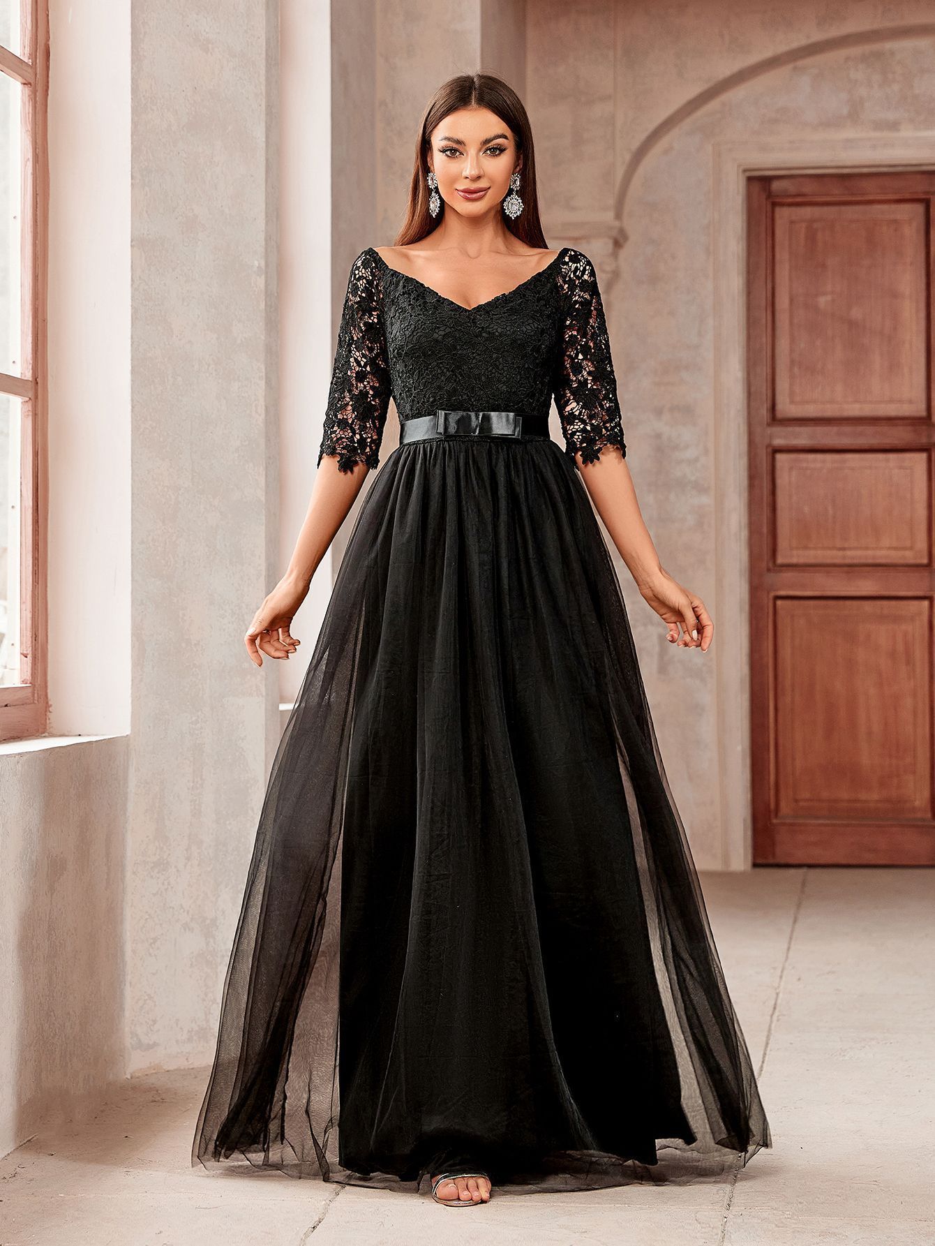 New Solid Color Off-Shoulder Slim Elegant Long Mesh V-Neck Evening Dress 250829