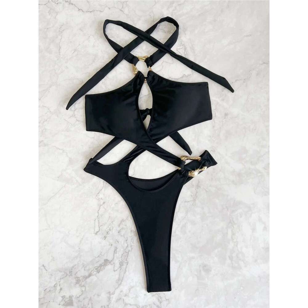 Solid Color Black One Piece Swimsuit for Women Irregular Hollow Out Bikini Monokini Sexy High Waist Cross Swimwear 2024 New