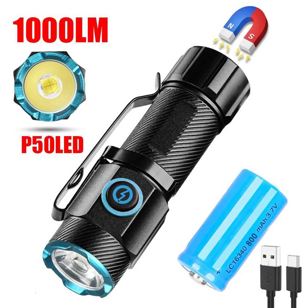 Ultra Bright Mini P50 LED Flashlight Outdoor Hat Clip Torch USB C Rechargeable with Tail Magnet Camping Hunting Emergency LampW251106