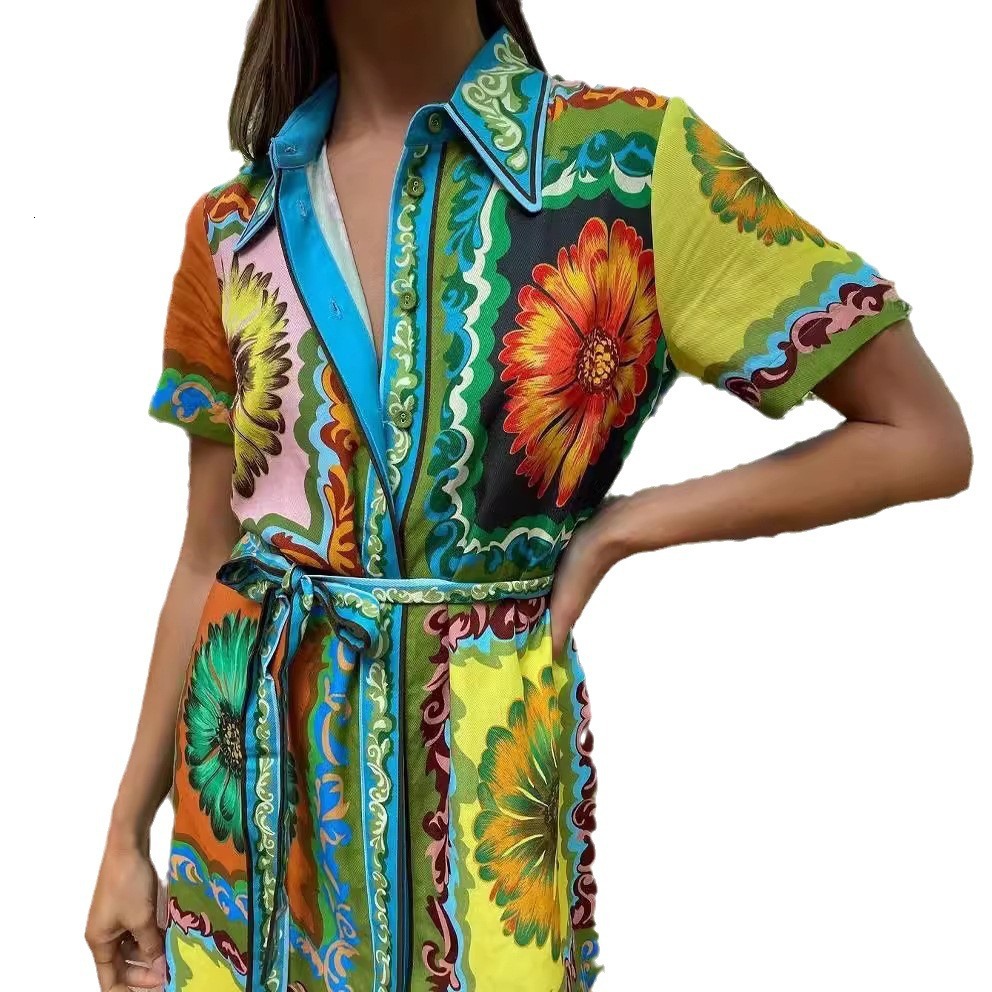 m New Printed Fashion Short Sleeve Loose Casual Lace Up Cardigan Dress