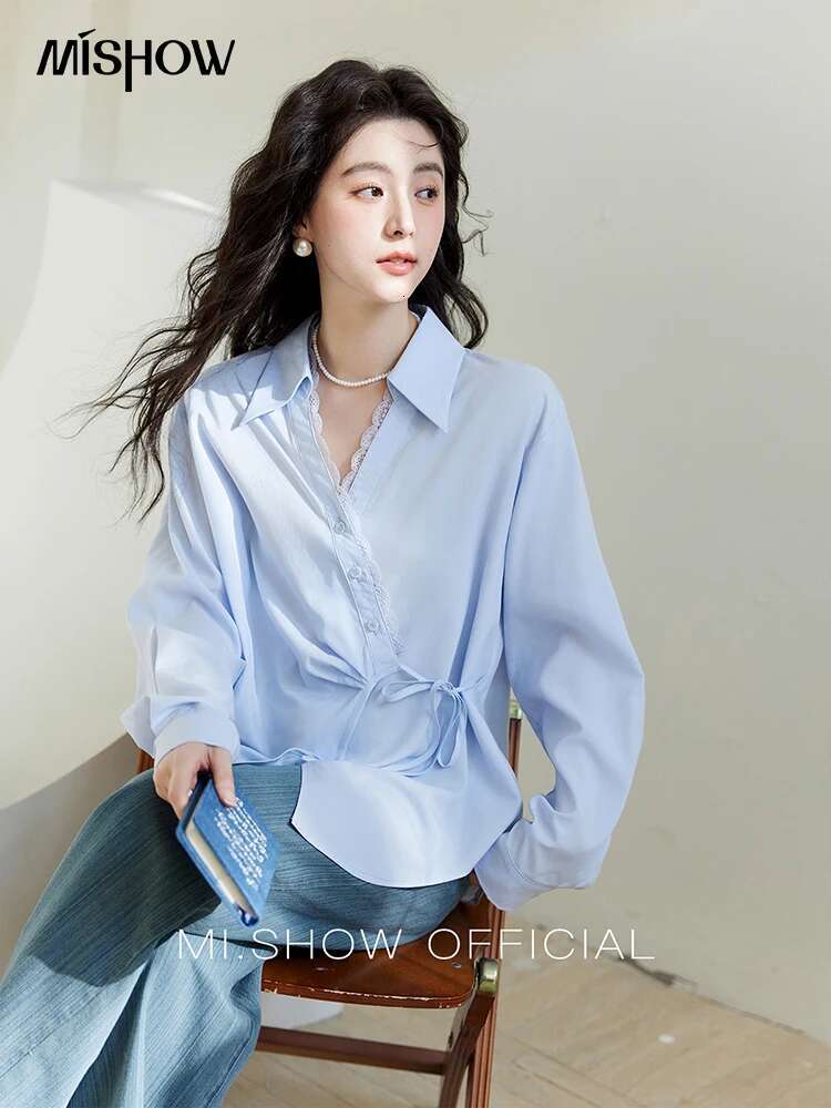 MISHOW Women's French Lyocell Shirt 2025 Spring Lapel V-neck Patchwork Lace Tops Diagonal Placket Lace-up Commute Top MXE11C0389