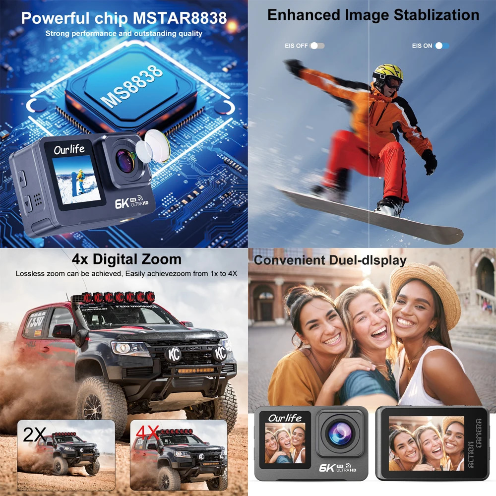 6K 4K60FPS Action Camera 50MP 2.0 Touch LCD Dual Screen EIS WiFi 170° DVR 30M Waterproof 5X Zoom Sport Camera With Remote 250402