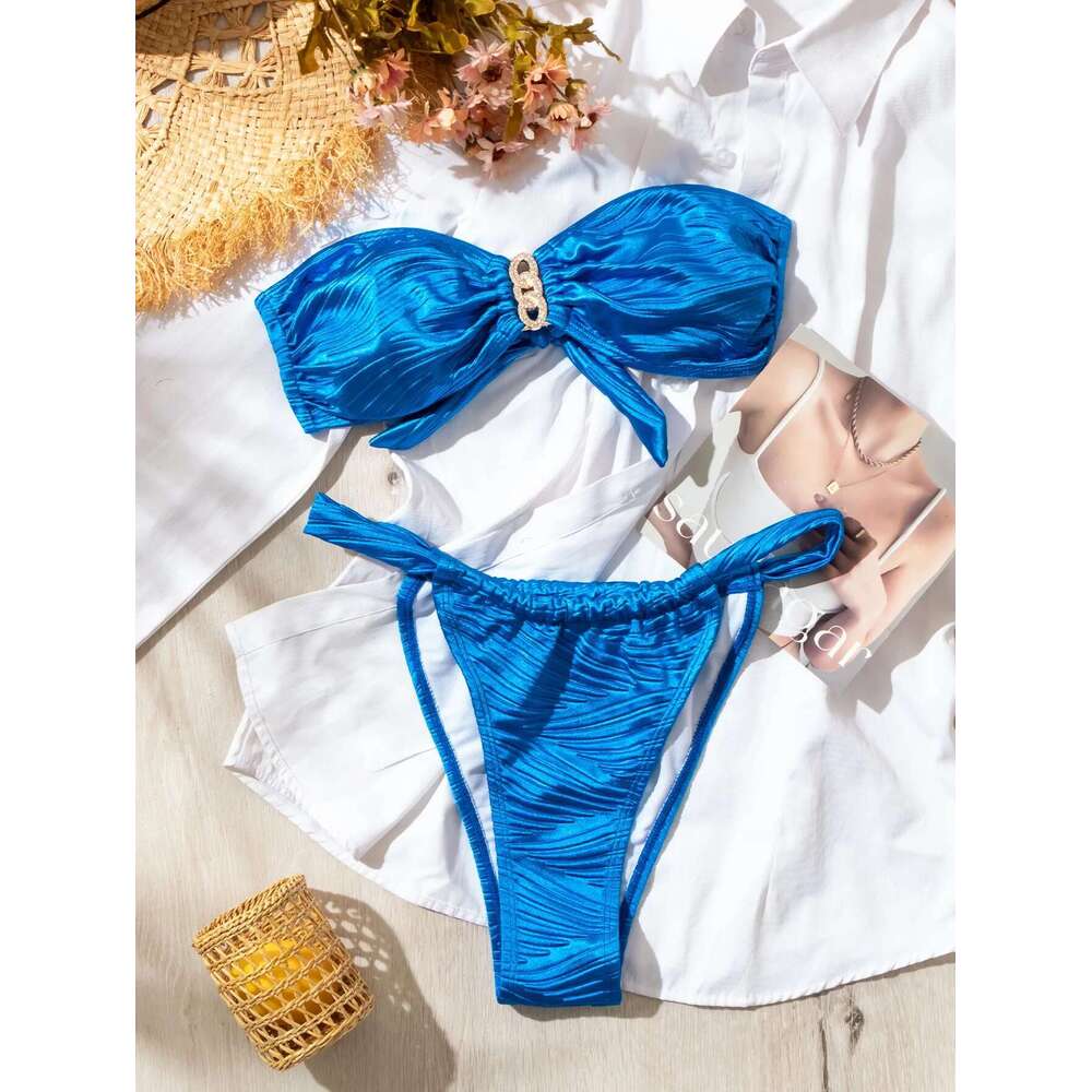 Blue 2 Piece Swimsuit for Women,2024 Dia Low Waist Thong Bikini,summer Beach Vacation Strapless Shoulder Backless Swimwear
