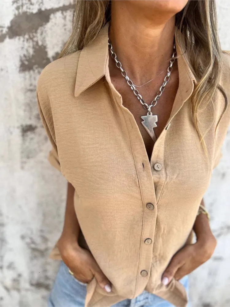 Casual Solid Shirt Top Female Fashion Office Short Sleeve Button Shirts Tops For Women Summer Holiday Womens Clothing 2025 250402