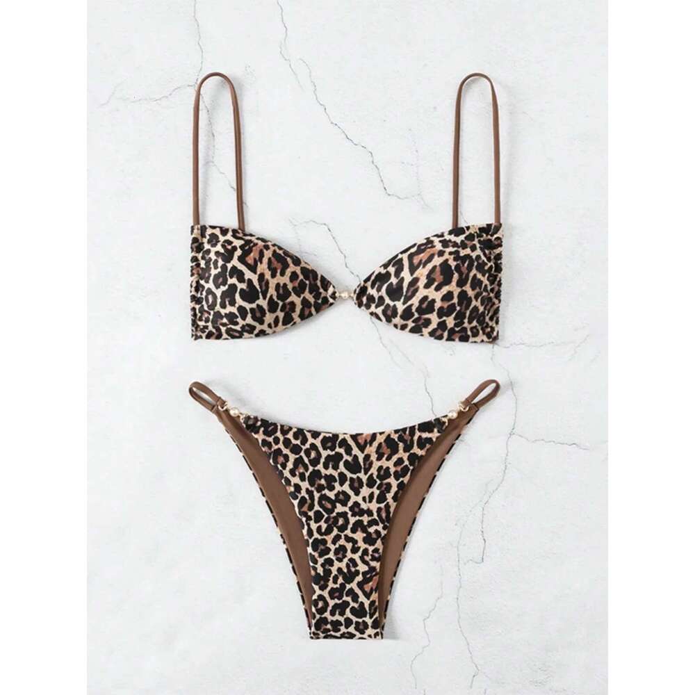Sexy Leopard Print 2 Piece Swimsuit for Women Pearl Accessories Mini Bikini Set Low Waist Thong Beach Vacation Swimwear 2024 New