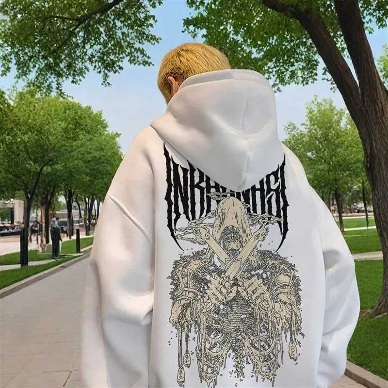American Street Trend Skeleton Soldier Element Printed Casual Loose Hoodie Large Mens Versatile Sweatshirt W251106