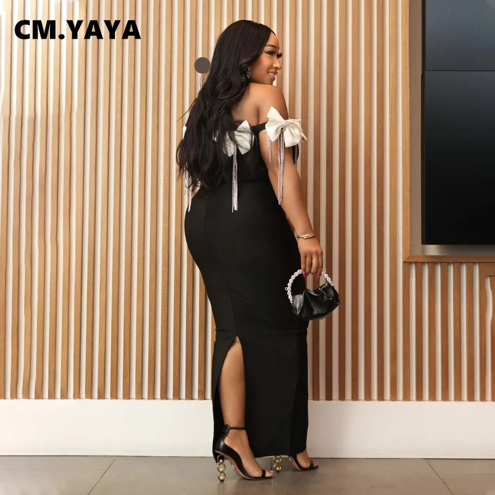 CM. YAYA Womens Bow Tassel Slant Neck Long Dress Autumn/Winter Sexy Birthday Party Street Long Dress Vestidos 250402