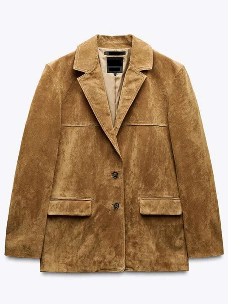 Vintage Women's Suede Leather Jacket Single Breasted Lapel Brown Blazer Loose Coats 2025 Spring Office Lady Outerwears