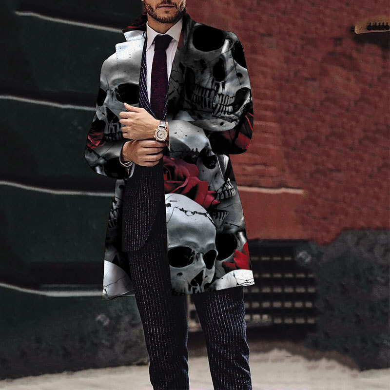 2024 Winter New Mens Halloween Skull Printed Woolen Medium to Long Coat Mens Woolen Coat