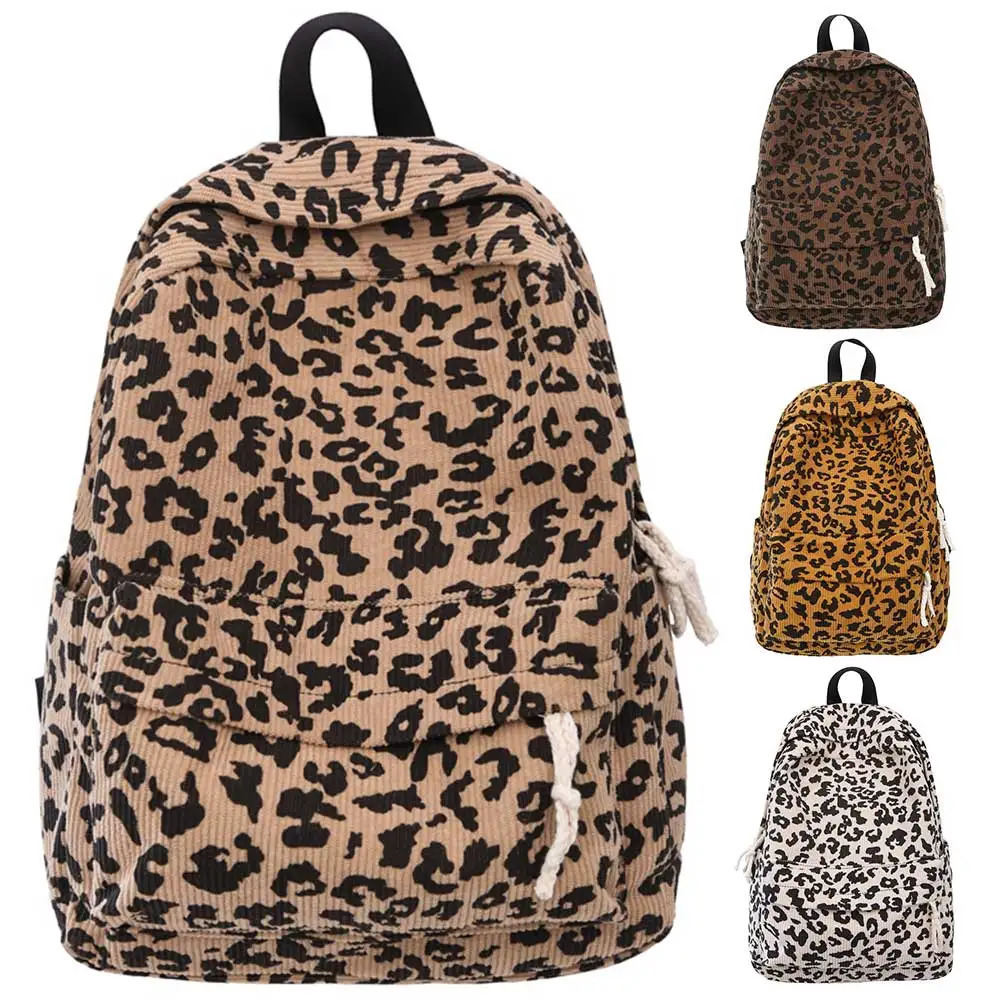 Corduroy Leopard backpack youth school bag multi pocket casual notebook backpack fashionable shoulder bag travel Rucksack 250402
