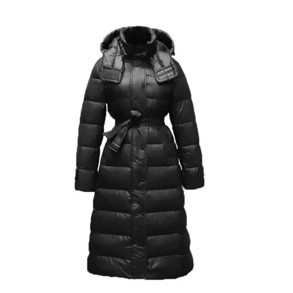 White Duck Down Jacket Women 2024 New Winter Long Hooded Warm Belt Slim Down Coat Female Korean Office Lady Casual Fashion W251106