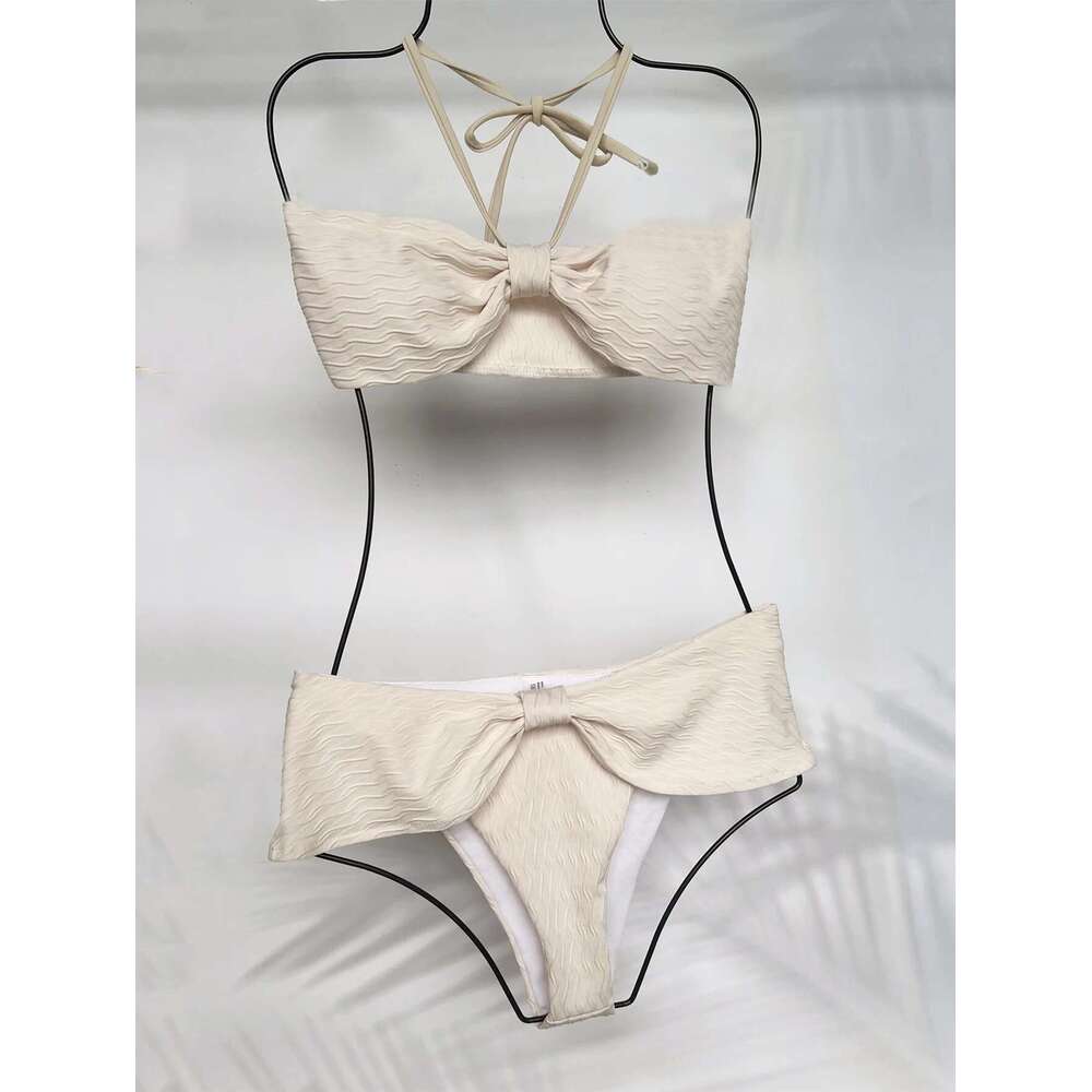 Women's Swimsuit,beige 2-piece Ruffle Beach Bikini,Suspender Halter Backless Swimwear,Solid Color Summer Bathng Suit,2025 New