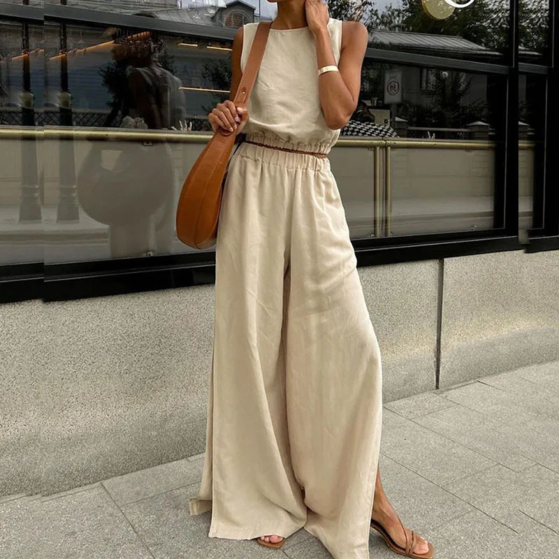 Casual sleeveless cotton linen set fashionable O-neck zipper and split pants set womens elegant elastic waist solid loose 2PC set 250401