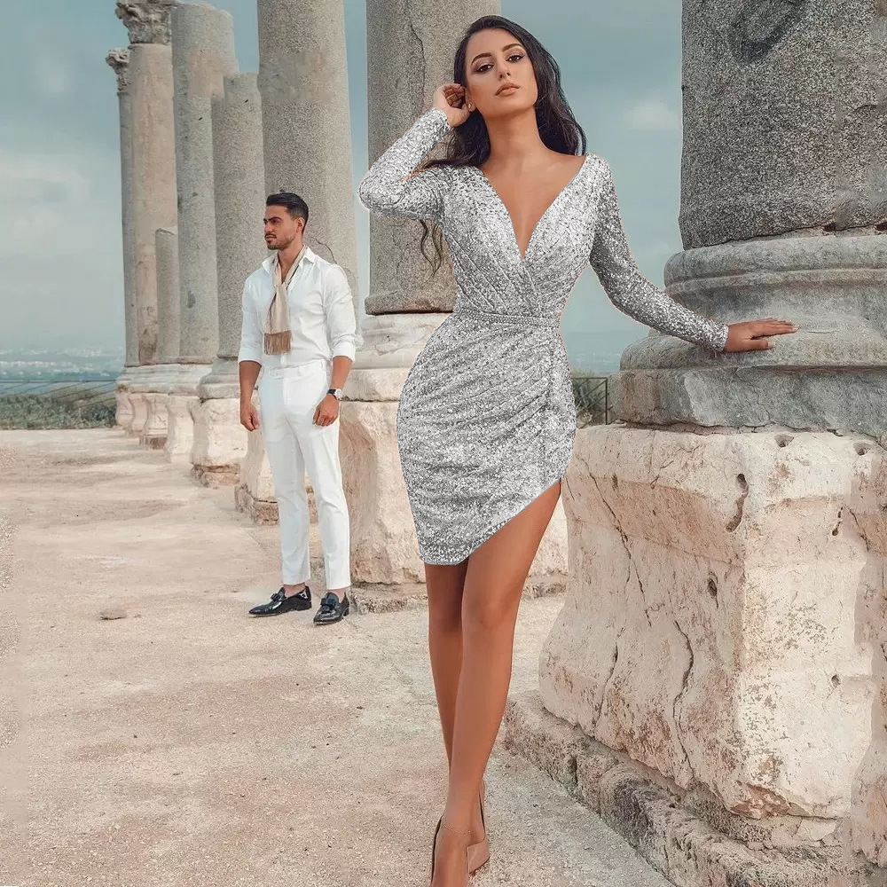 2025 Autumn New Womens Sexy Deep v Long Sleeve Slimming Pencil Dress