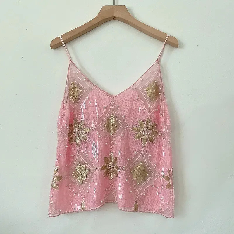 Summer womens heavy industrial sequin stud sexy thin V-neck vest sexy bead vest 250403