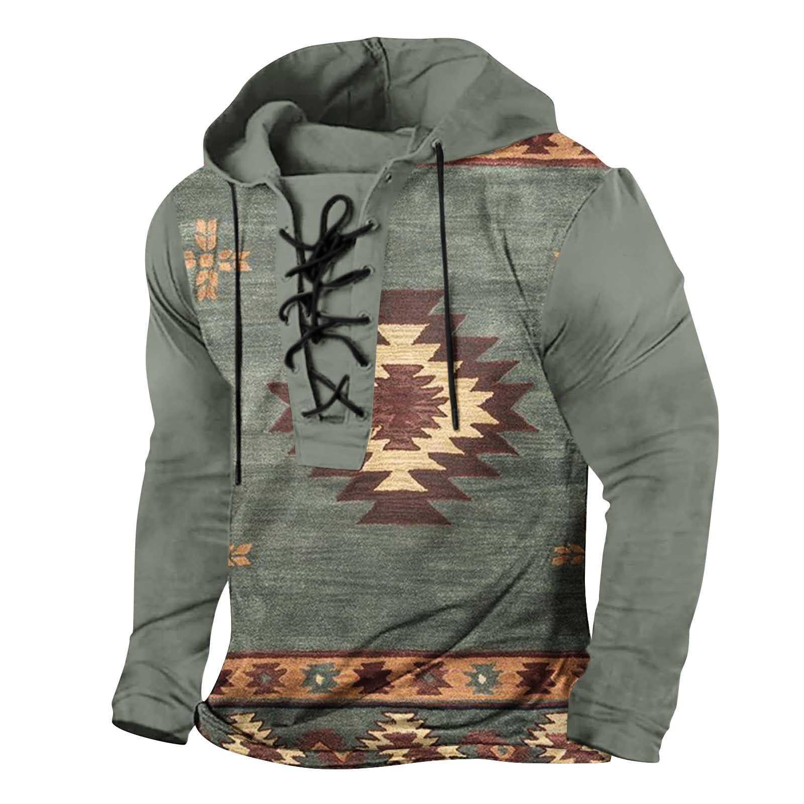 2025 Winter Mens Digital Printed Strap Up Large Hooded Long Sleeve T-shirt Mens Wear