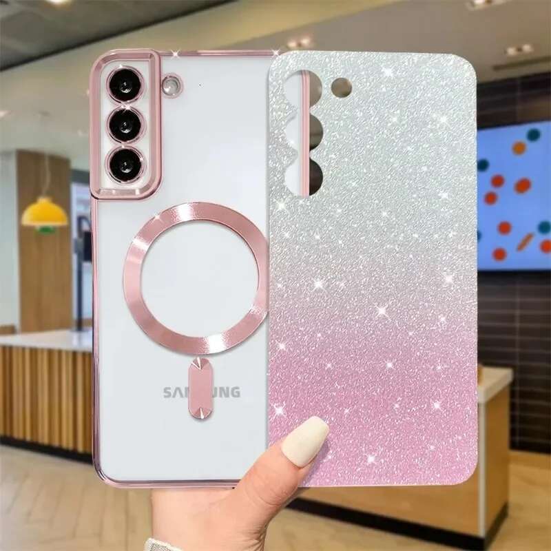 Glitter Magnetic Case For Samsung Galaxy S24 Ultra S23 S22 S21 Plus S20 FE Note 20 A55 A35 Plating Wireless MagSafe Bright Cover