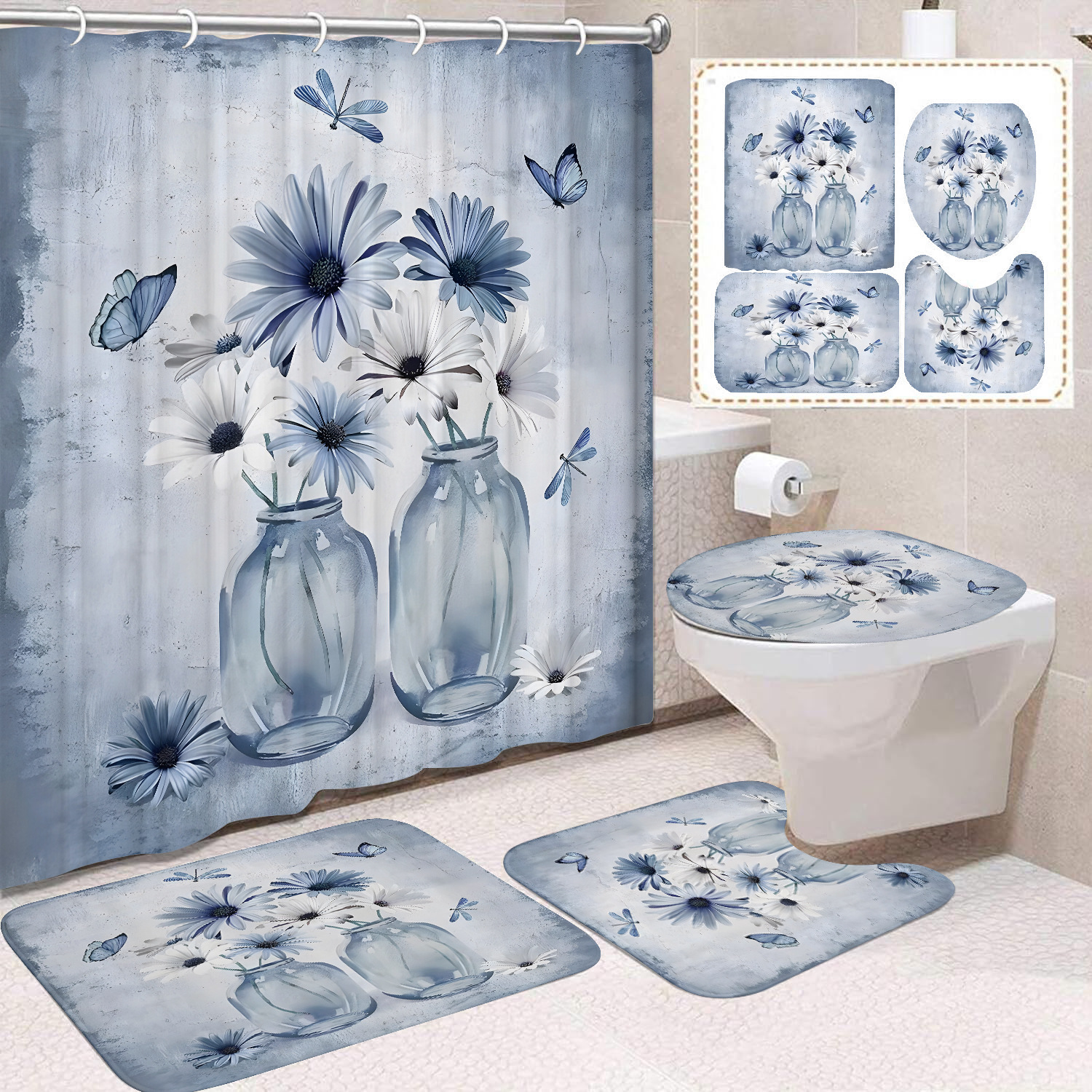 YL-37649 Factory direct sales watercolor daisy bathroom shower curtain/toilet partition curtain/no-drill curtain/shower curtain