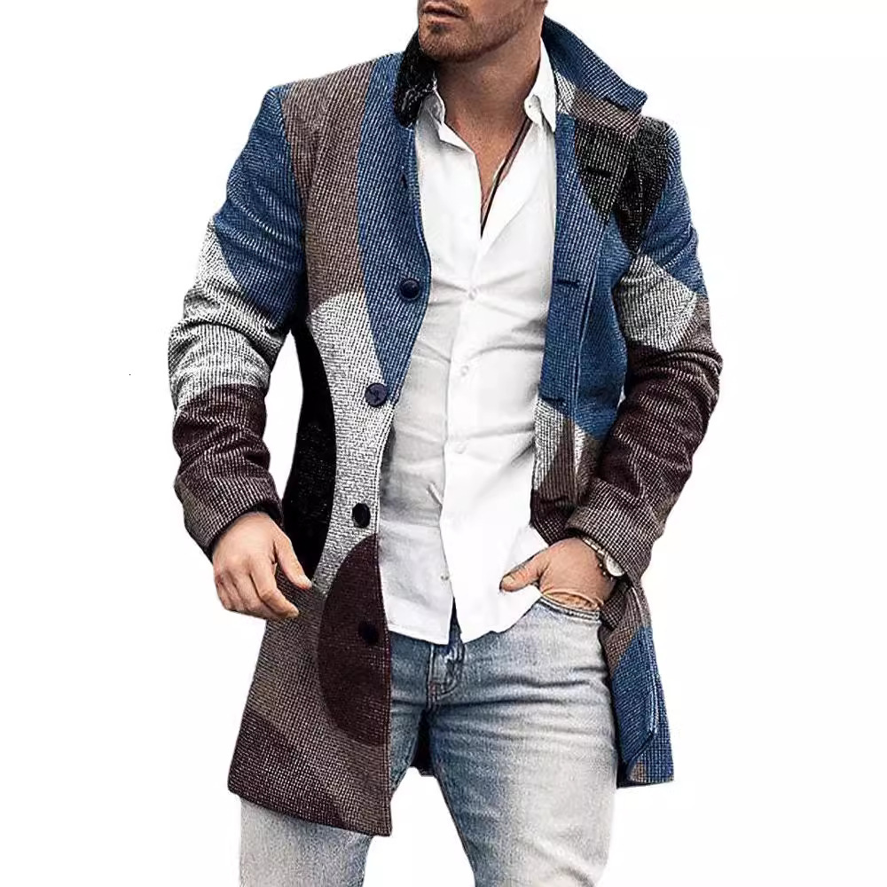 New mens 3D printed woolen stand up collar mid length casual pocket coat jacket