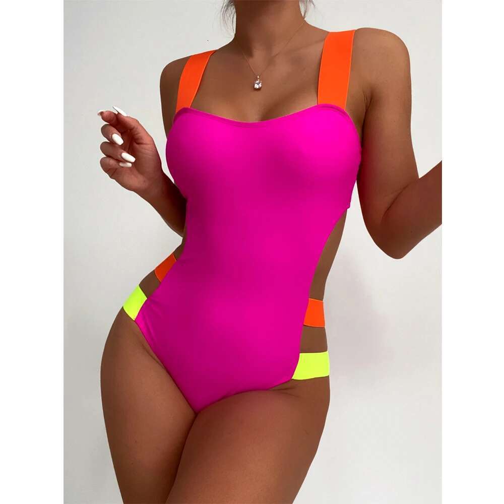 Color Block One-piece Swimsuit 2023 Women Neon Bandage Bikini High Waist Hollow Out Swimwear Rose Red Slim Backless Monokini