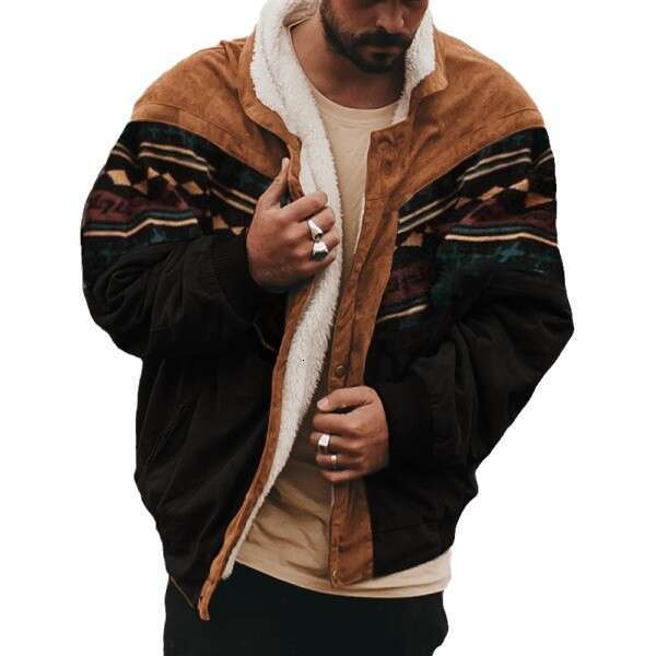 Cross-Border European Size Autumn Winter Men's Fashion Geometric Print Fleece Jacket B5