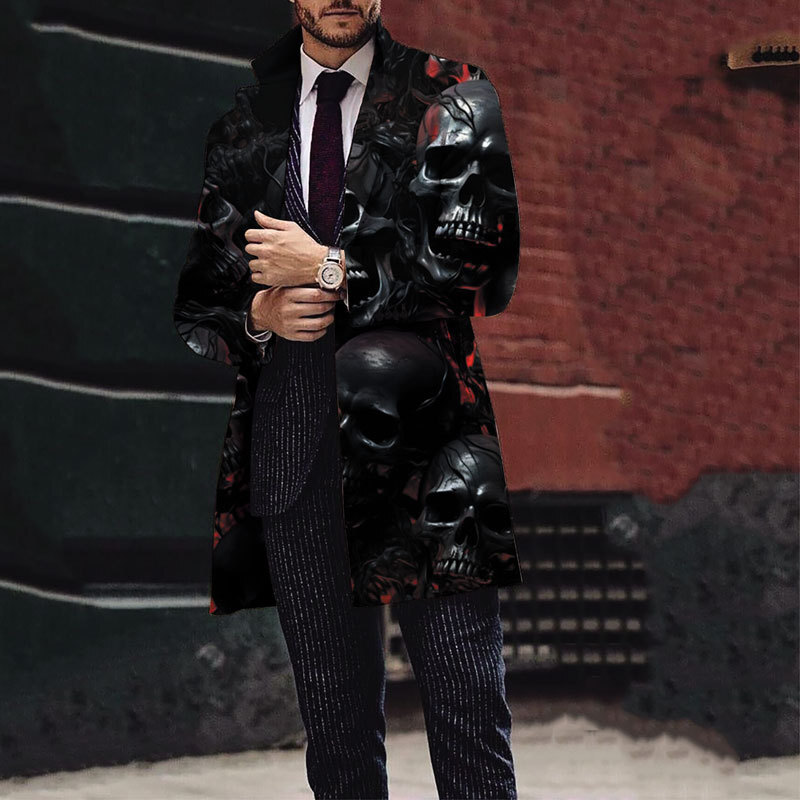 2024 Winter New Mens Halloween Skull Printed Woolen Medium to Long Coat Mens Woolen Coat