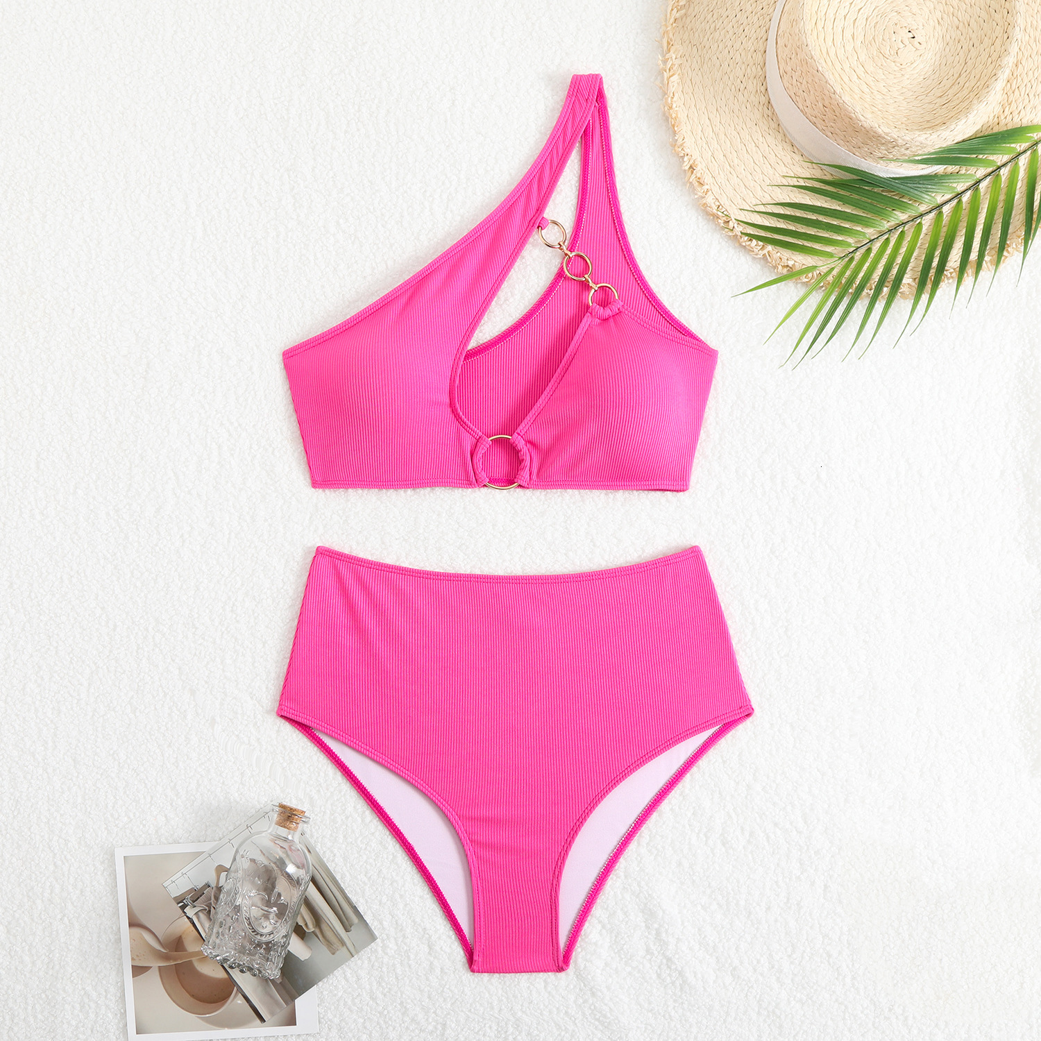 2025 New Single Strap Solid Color Split Triangle High Waist Sexy Bikini Swimsuit for Women