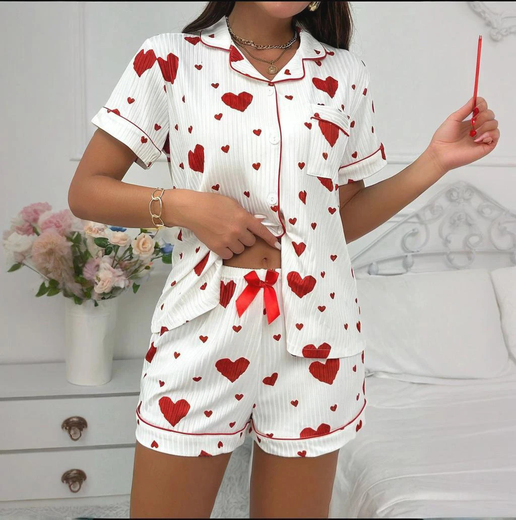Heart Print Pajama Set Casual Short Sleeve Buttons Lapel Top Elastic Shorts Womens Sleepwear breathable soft Nightwear Homewe 250402