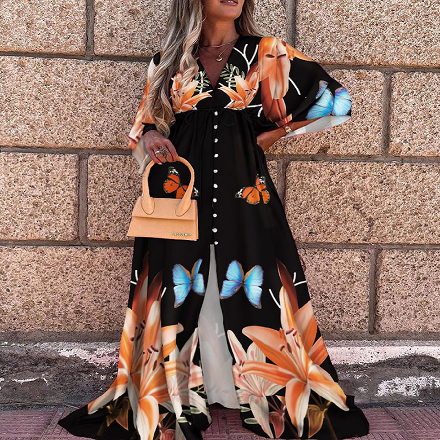 2025 New Womens Spring/summer Leisure Vacation Style V-neck Printed Dress