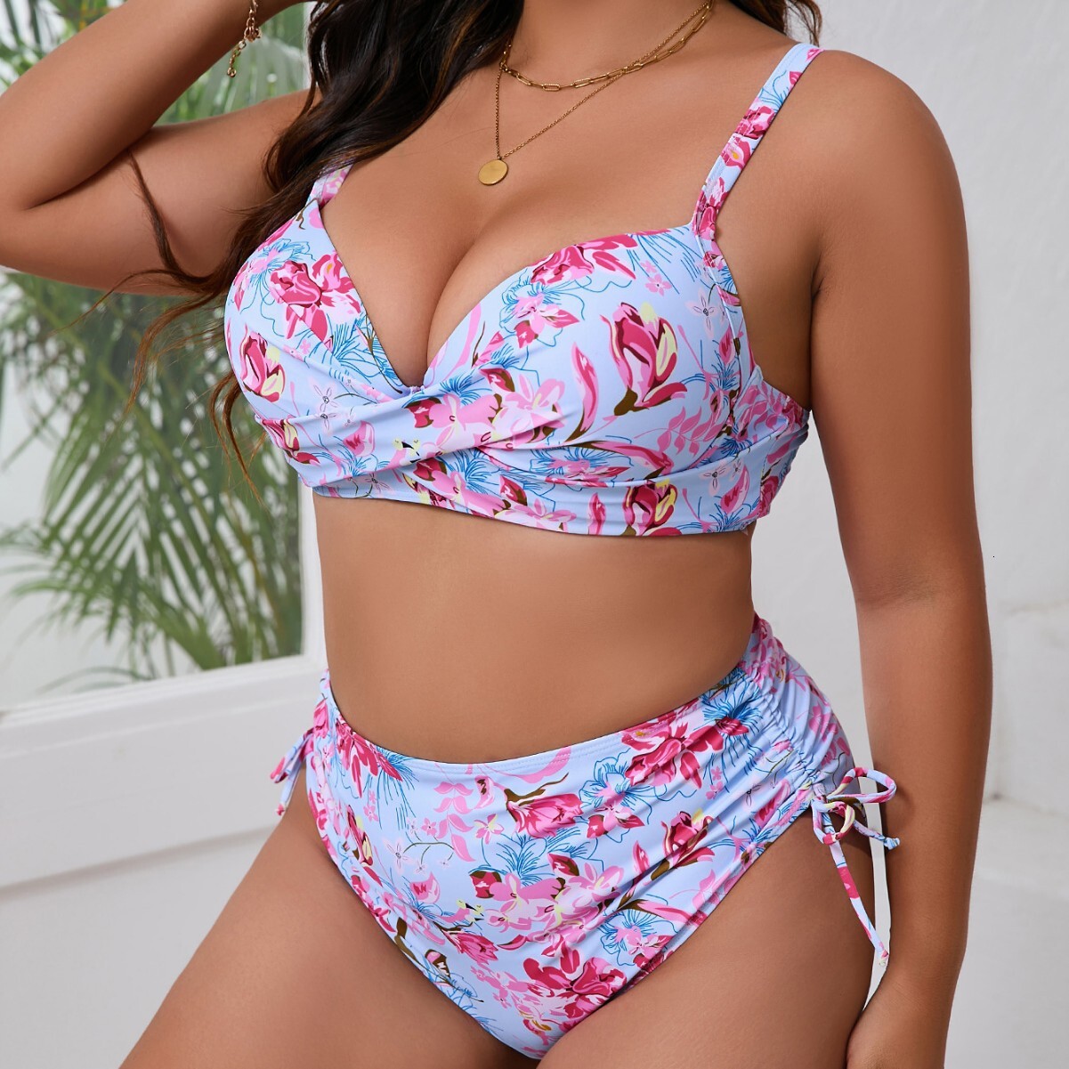 Fashionable new split size bikini women's digital printed steel holder gathering drawstring triangle pants swimsuit