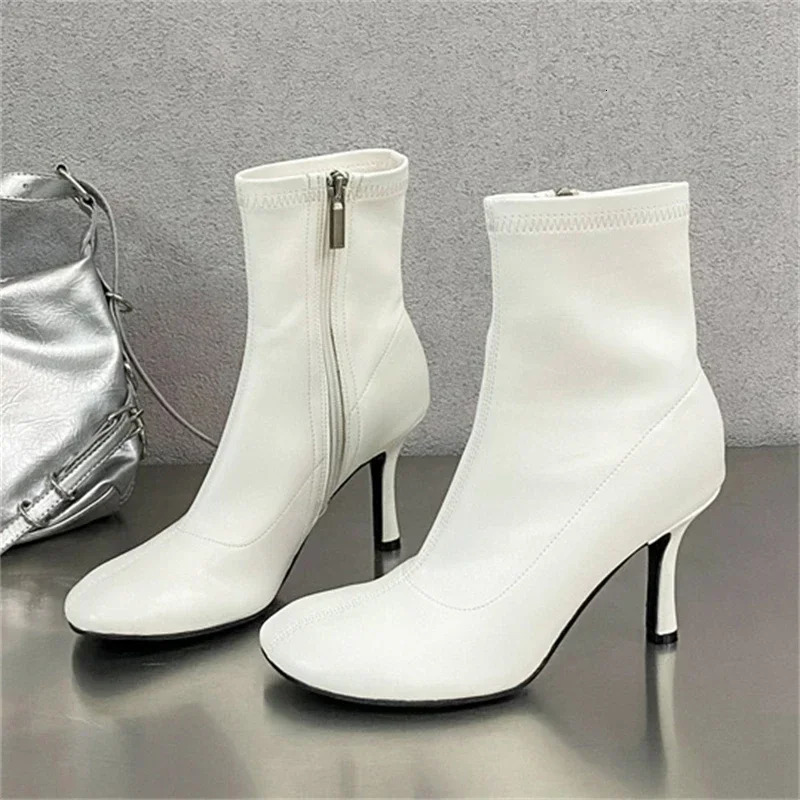 Spring Autumn SEXY Round Toe Women Ankle Boots Concise Thin High Heels Shoes Fashion Side Zipper Short Booties 251105