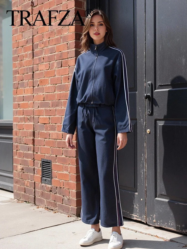 TRAFZA Womens Casual Denim Jacket Trouser Set Splicing Work Striped JacketLoose Elastic Waist Wide Leg Jeans 250403