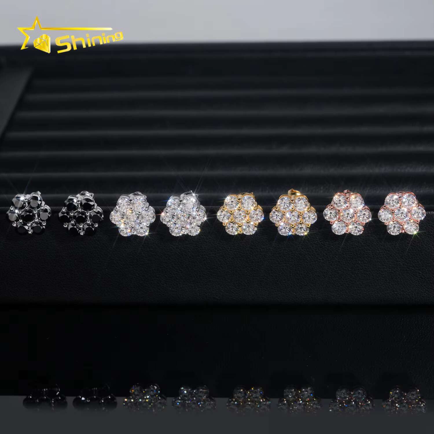 Hot Sale Trendy 12mm Cluster Flower Screw Back Stud Earrings Sier Gold Plated Black Moissanite Pass Dia Tester Earring