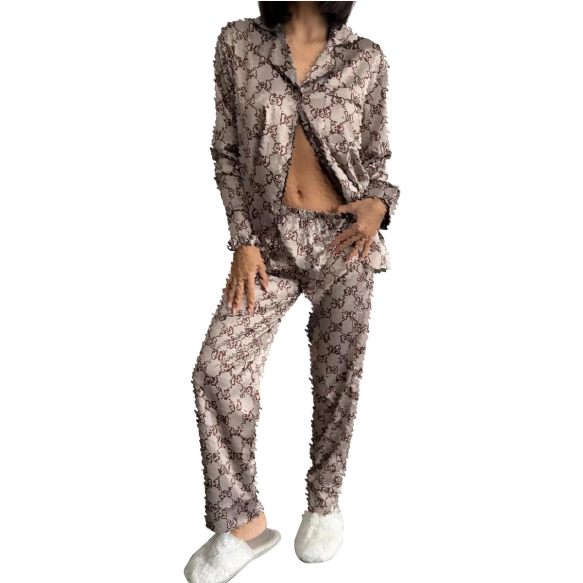 2025 Luxury Silk Pajamas Set Women Casual Print Homewear Two Piece Sets Free Ship