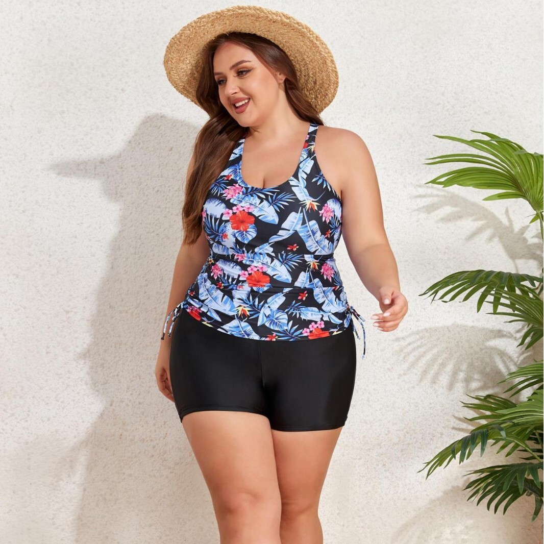 Large digital print with drawstring on both sides, independent shorts set, bikiniga plus fat women's swimsuit