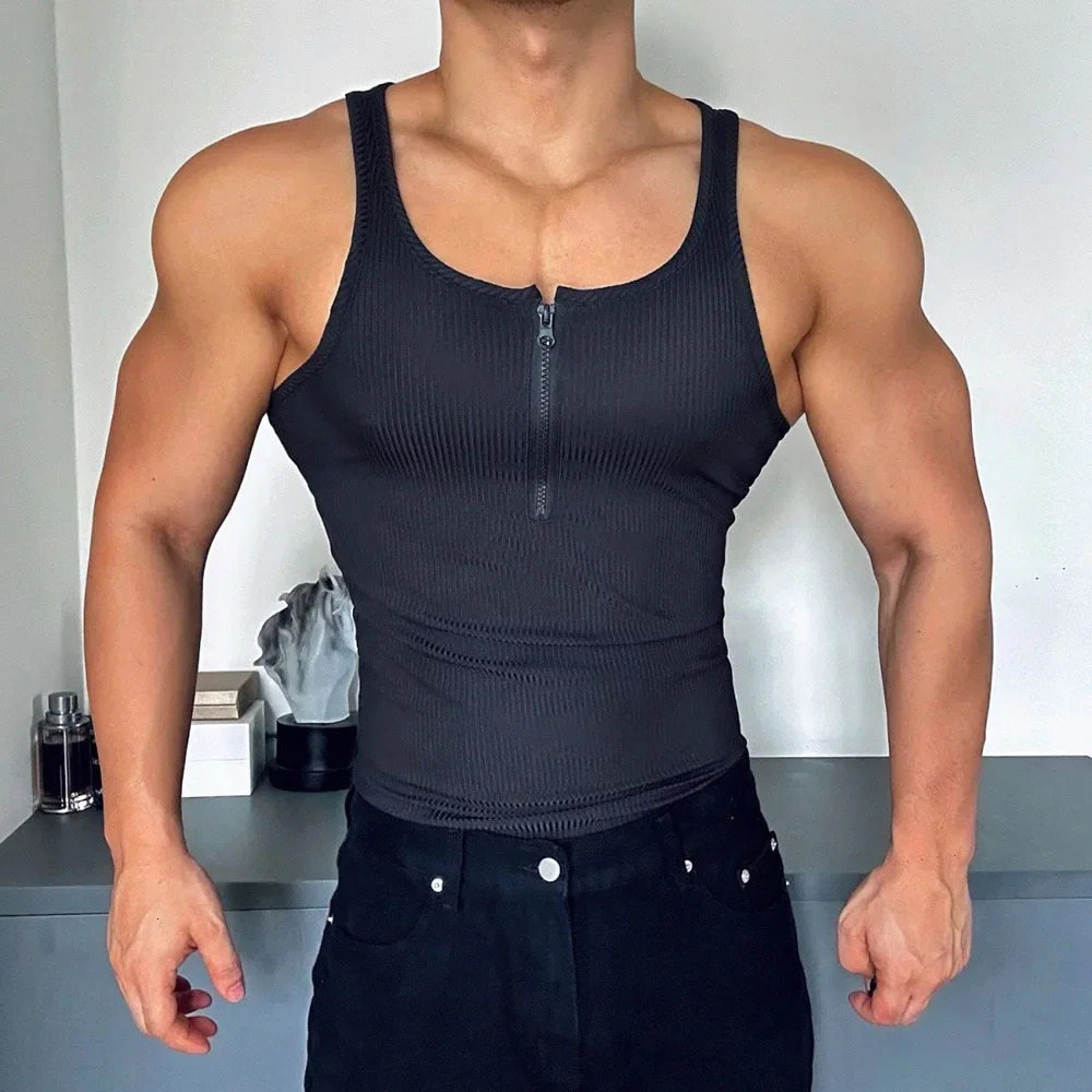 Mens sports vest sexy half zipper vest top summer casual jogging street clothing training tight fitting sleeveless top 250403