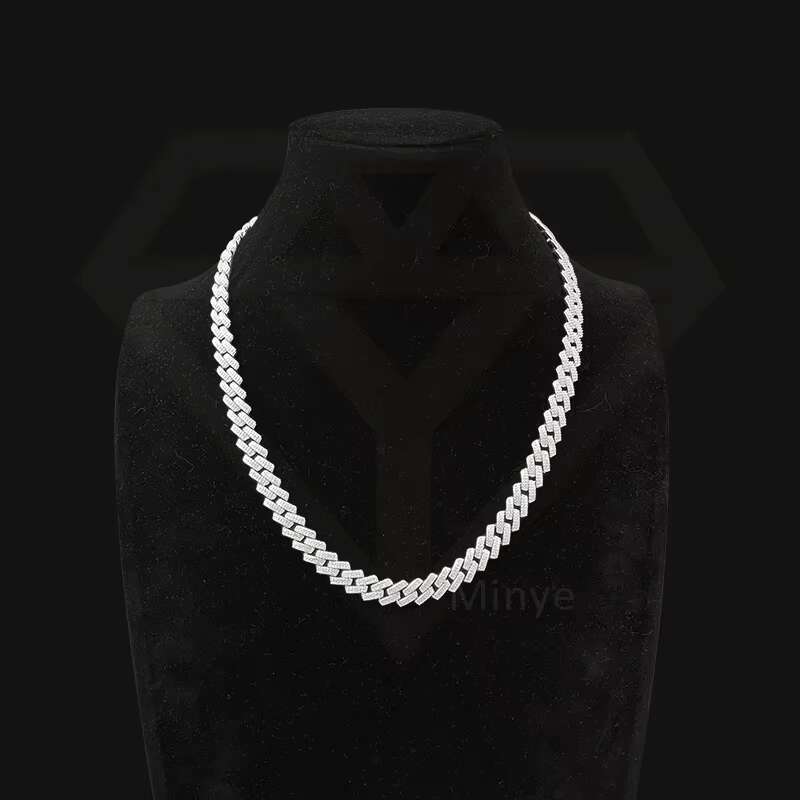 S925 Sterling Silver 18K White Gold Plating Moissanite Cuban Chain Necklace 10mm 2rows 20 Inch Moissanite Cuban Link Chain