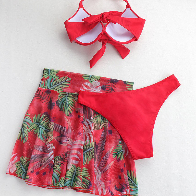 2025 Beach Vacation Solid Color Sexy Hard Bag Split Triangle Bikini Printed Yarn Skirt Swimsuit