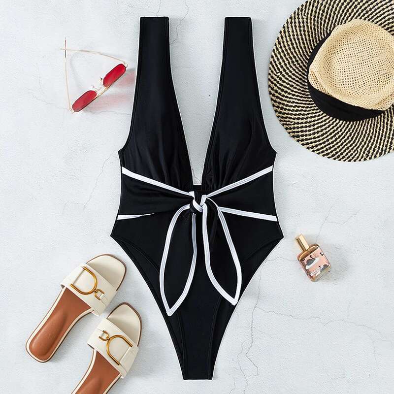 Black One Piece Swimsuit for Women 2024 Summer New Bikini,high Waist Contrast Belt Swimwear,deep-V Neck Backless Bathing Suit