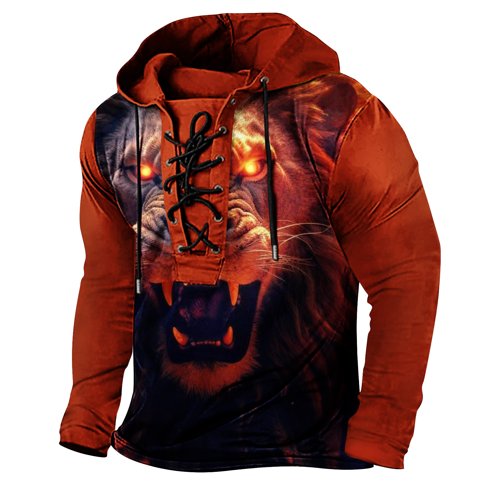 Spring mens printed hooded long sleeved T-shirt with oversized drawstring and headband for men