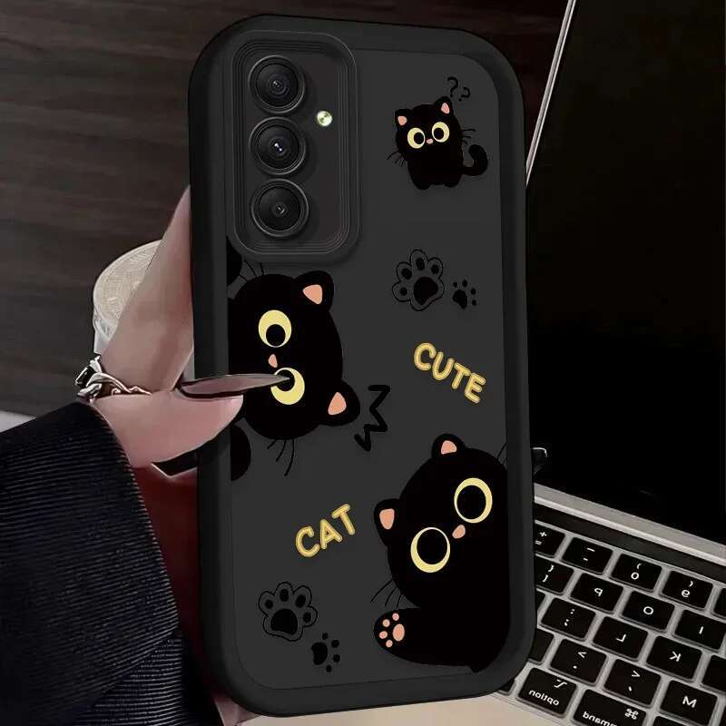 Lovely Black Cat Silicone Case for Samsung Galaxy A55 A35 A25 A15 A05 A05S 5G A24 A13 A23 A12 A22 A32 A52 A52S A71 A72 A51 4G
