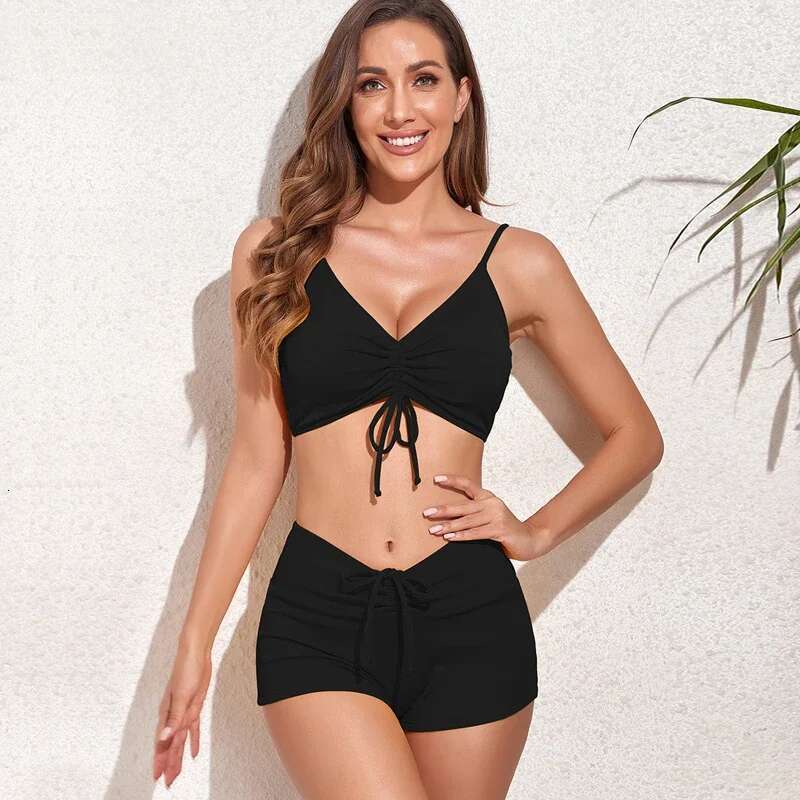 Solid Color High Waist Swimsuit Women 2024 2-Piece Bikini Sexy V-neck Suspender Backless Beach Bathing Suit Drawstring Swimwear