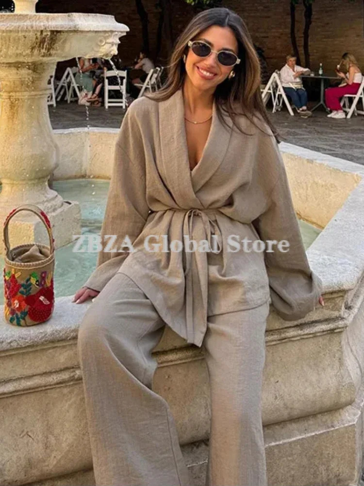 ZBZA womens textured lace top pants set lapel long sleeved shirt stretch elastic loose wide leg fashionable clothing 250403